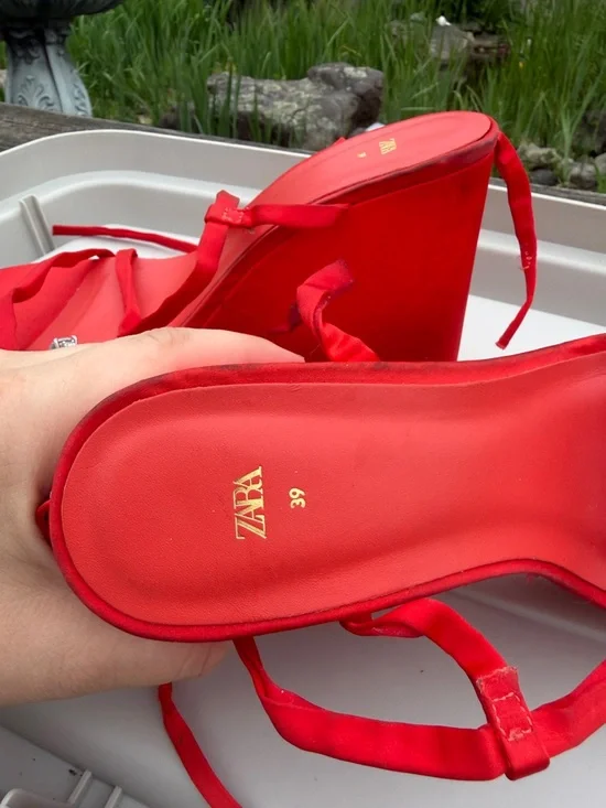 Zara Bright Red Satin Platform Heels - Picture 6 of 10